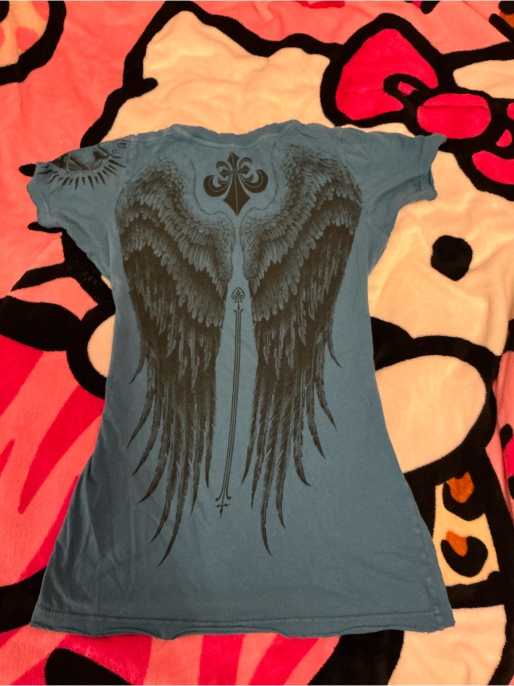 Sinful Blue Short-Sleeve Tee with Black Angel Wing Back Graphic vintage